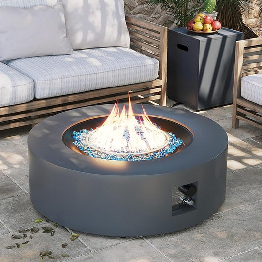 UPHA 42-inch Outdoor Propane Gas Fire Pit Table 50000 BTU Iron Round Firepit for Outside Patio with Tank Hidden Table, Removable Lid, Blue Glass Rocks, Rain Cover, Grey