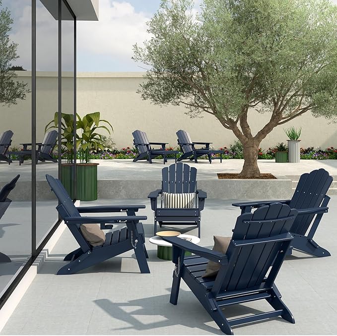 FOOWIN Adjustable Adirondack Chair with Retractable Ottoman Set of 8, Folding Adirondack Chair with Cup Holder, HDPE All-Weather Fire Pit Chair for Patio, Yard, Poolside, Navy Blue