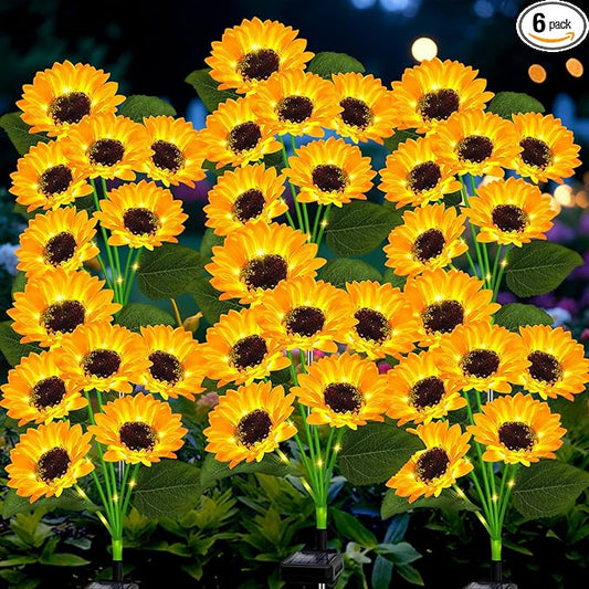 6 Pack Solar Sunflower Garden Lights 36 Vibrant Sunflowers LED Outdoor Decorative Stake Lights for Yard, Patio, Lawn, Pathway, IP65 Waterproof, Gardening Gift for Mom, Grandma, and Friends