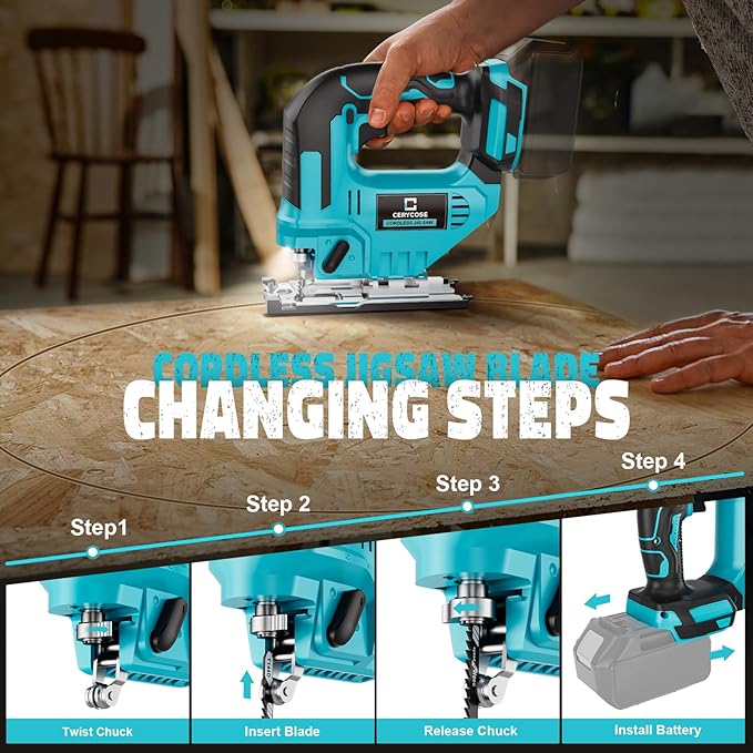 Jigsaw Compatible With Makita 18V, Cordless jig saw tool Brushless Motor, 0°- 45° Bevel Cuts, LED Light with 3 Position Orbital Setting for Straight/Curve/Bevel/Circle Cutting (NO Battery)