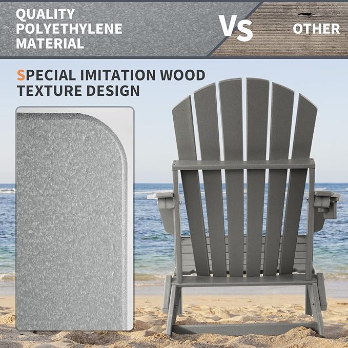 FUNBERRY Folding Adirondack Chair Set of 4, HDPE All Weather Fire Pit Chairs with Cup Holder for Outdoor