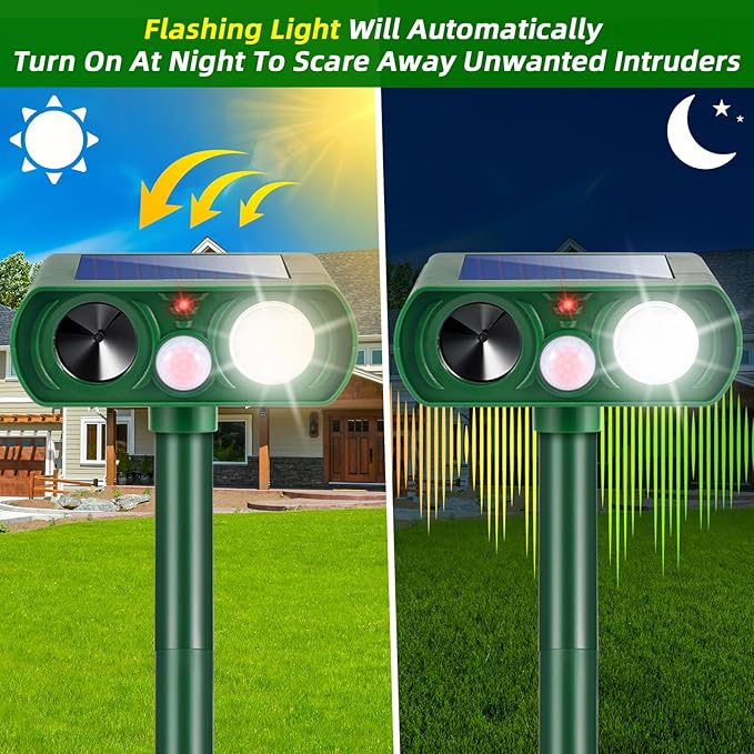 4 Pack Solar Animal Repellent Ultrasonic Outdoor Cat Repellent, Squirrel Raccoon Fortress Pro with Motion Sensor & Strobe Light, Waterproof Deer Dog Rabbit Deterrent for Garden Yard