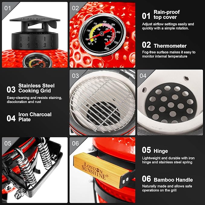 Upgraded 13 inch Ceramic Kamado Grill with Waterproof Air Vent Cap | Portable Tabletop Charcoal BBQ Grill Smoker for Outdoor Cooking, Patio, Camping | Red