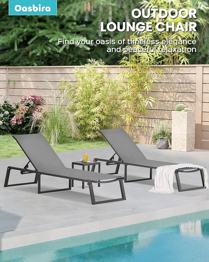 Aluminum Chaise Lounge Chair Outdoor, Foldable & Assembly Free Patio Pool Lounge Chairs 5-Position Recliner for Outside Poolside, Fully Grounded Legs Sun Lounger for Beach, Yard, Dark Gray