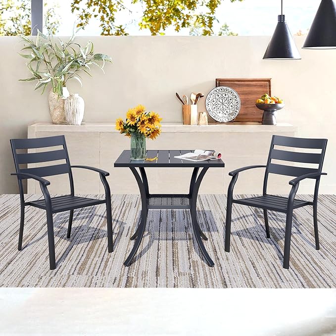 3 Piece Outdoor Dining Set, Patio Dining Set for 2, 27.6" Metal Square Table with 2 Black Metal Outdoor Dining Chairs with Armrest for Lawn, Garden, or Porch