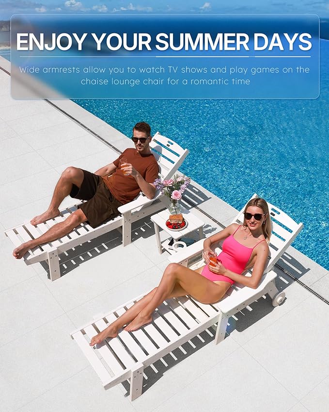 Chaise Lounge Chair Outdoor with Wheels, Oversize Patio Lounge Chairs with Wood Texture, 6-Position Plastic Lounge Chairs for Poolside, Patio, Deck, Beach