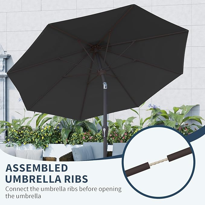 PatioKingdom 10FT Patio Umbrella with Push Button Tilt and Crank, Outdoor Market Umbrella with 8 Fiberglass Ribs, UV Protection Table Umbrella for Pool,Backyard,Garden,Deck(Black, 10FT)
