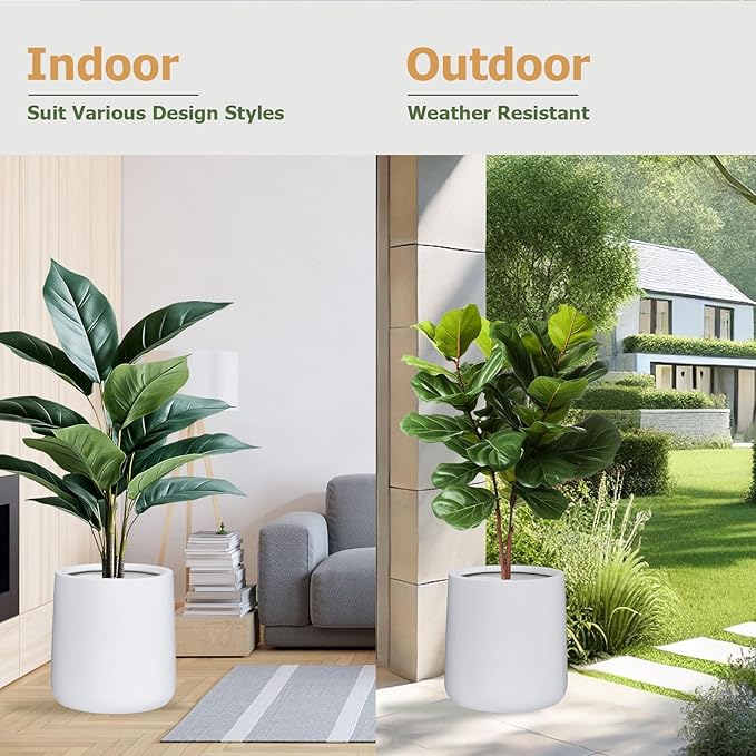 15.3"H x 15"D Conico Fiberstone Round Planter - Christmas Tree Planter, Smooth Finishes, Weather Resistant for Indoor and Outdoor Use, Included 2 Extra Coco Mats (White, 11.7" Pot Opening)