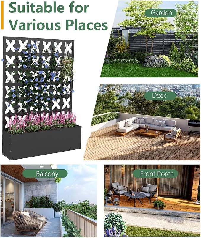 Metal Planter Box with Trellis,70.9"x47.2"x15.7" Raised Garden Bed with Drainage Holes, Privacy Planters for Outdoor Garden Bed for Climbing Plants,Vegetables,and Vines, Black-X