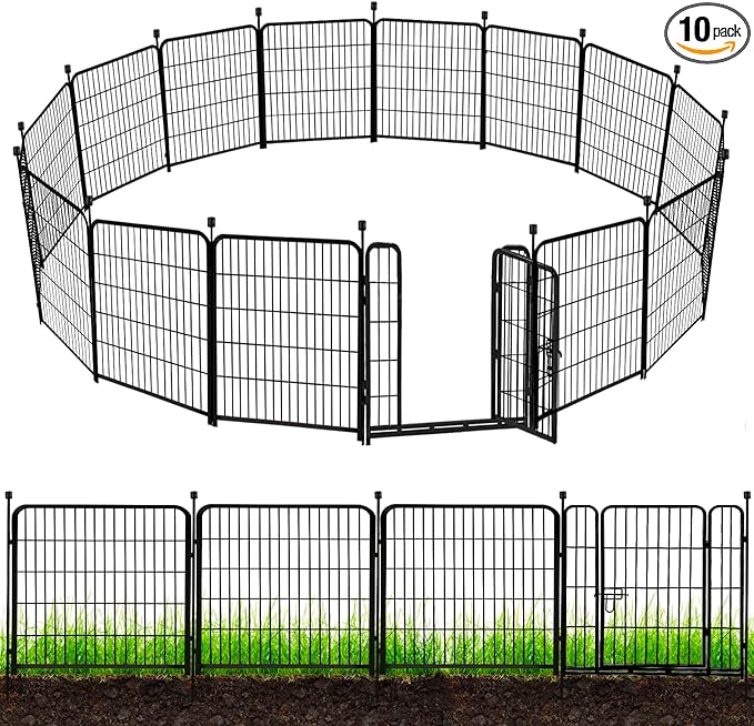 ADAVIN Tall Garden Fence 54 in(H)×22.1 Ft(L),10 Panels Dog Fence Outdoor for Yard, Heavy Duty Iron Metal Fence with Gate Low Threshold, No Dig Fences Panels, Animal Barrier Fences, Black
