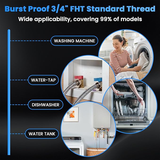 6FT Washer Stainless Steel Hoses with 90 Degree Elbows - Burst Proof 3/4" FHT Standard Thread Hot and Cold Water Connection Inlet Supply Lines by AMI PARTS