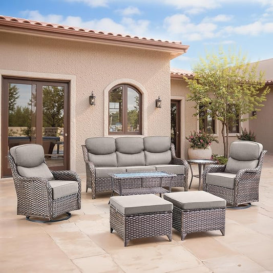 Swivel Patio Chairs sofa Set of 7 with 6" Thick Cushion - Wicker Outdoor Swivel Rocker Patio Chair ,Sofa/Glass coffee table, High Back Comfortable Outdoor Glider Chairs - Brown Wicker | Gery Cushions