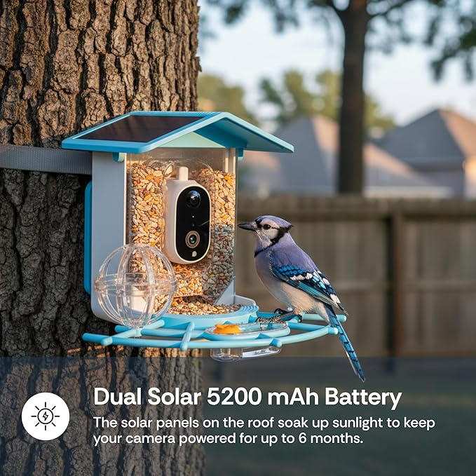 Luna Smart Bird Feeder with Camera, Enhanced AI Birds Species Identification, 2K HD Video, Instant Arrival Alerts, Solar Powered, Weatherproof Design for Birdwatching, Ideal Gift for Bird Lovers