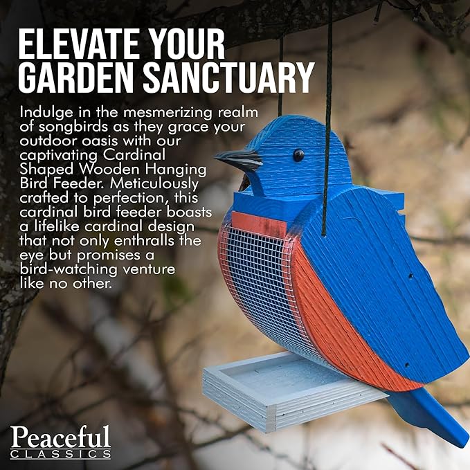 Outdoor Hanging Bird Feeder Seed Tray, Blue Jay Bird Shaped Wooden BirdFeeders with Easy Refill Head - Bird Feeders for Outdoors Hanging - Hanging Bird Feeder - Bird Feeders for Outside
