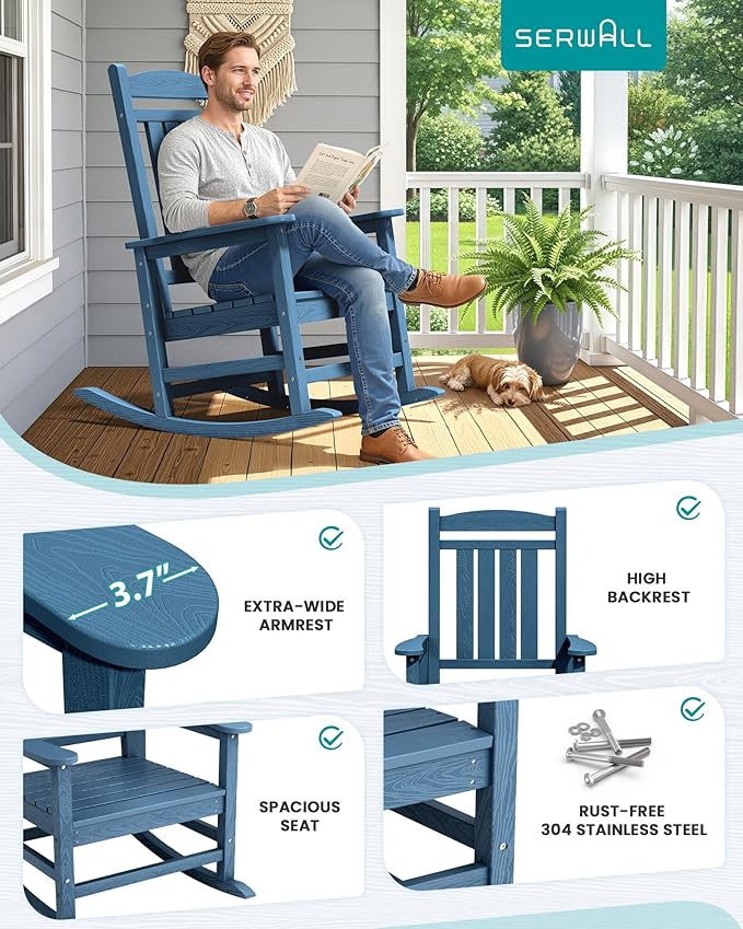 SERWALL Patio Rocking Chairs Set of 2, HDPE Outdoor Rocking Chair, All-Weather Porch Rockers for Adults, Blue