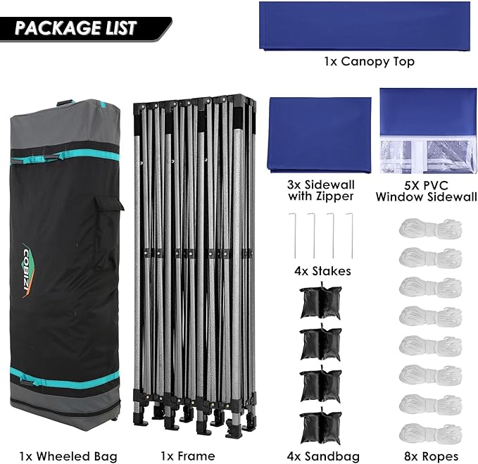 COBIZI 10x30 Heavy Duty Pop up Canopy with 8 sidewalls Stable Wedding Outdoor Tents for Parties Canopy Pop Up Party Tent UPF 50+ Waterproof Commercial Gazebo with Roller Bag, Navy Blue Upgraded