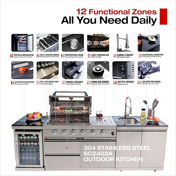 98 Inches 4-Burner 72000 BTU Deluxe Stainless Steel Propane Gas Outdoor Kitchen Bar Barbecue Island Grill, Wine Cooler Compact Refrigerator, Granite Countertops, Stainless Steel Sink, Silver