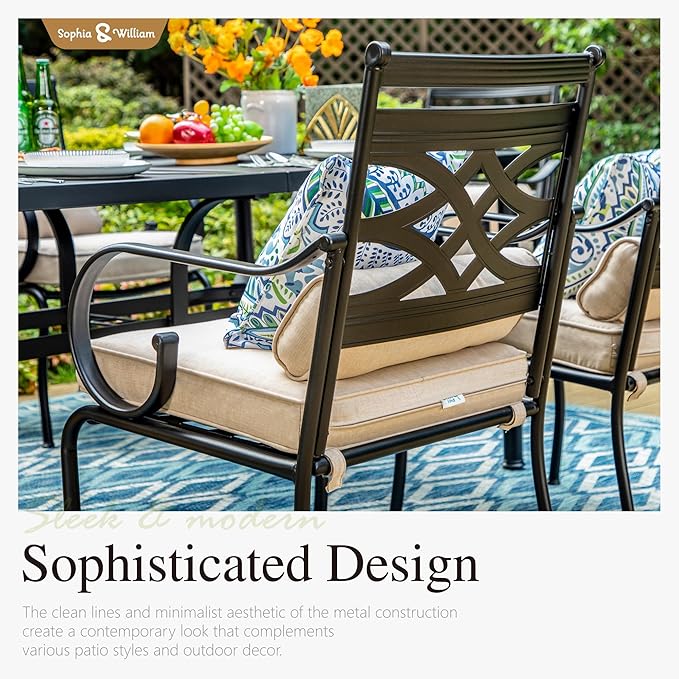 Sophia and William Patio Dining Set for 6, 13ft Patio Umbrella Beige, Removable Seat Cushions, Black 59" Patio Dining Table