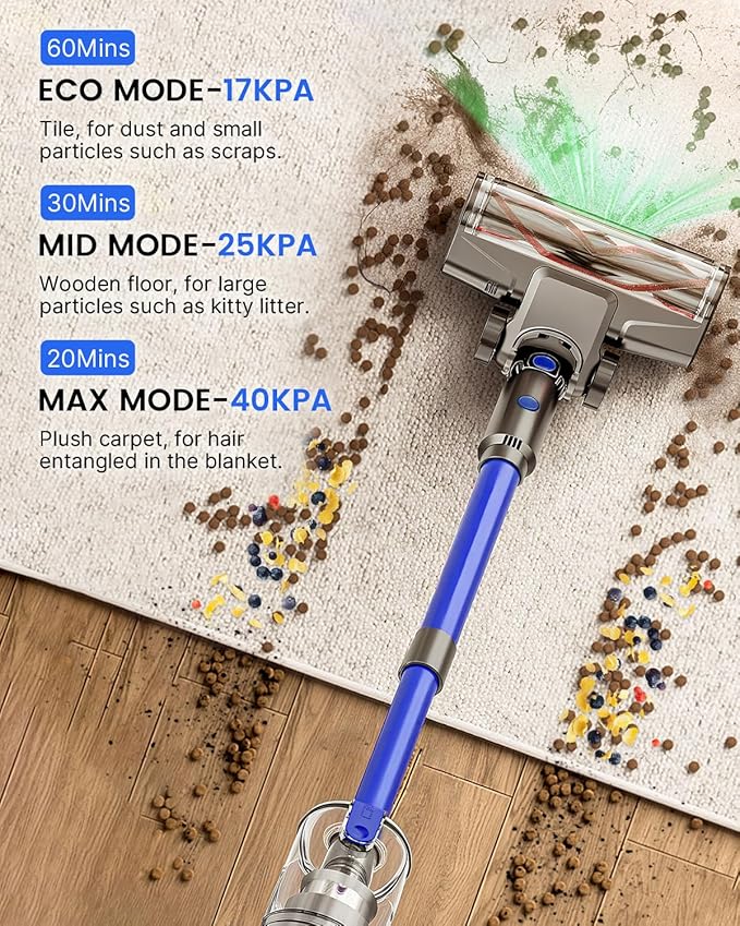 Cordless Vacuum Cleaners for Home, 500W 40Kpa Suction Lightweight Vacuum, 60-Min Runtime LED Display, 3 HEPA Filters & Brushes, 180° Lay-Flat, Anti-Tangle Brush, Wall-Mount Rechargeable,Blue