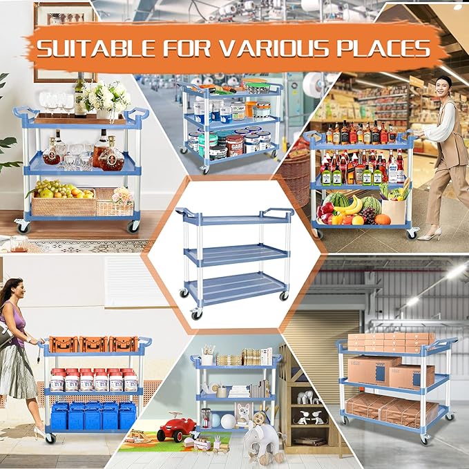 Utility Carts with Wheels Large Size Rolling Cart with Wheels Heavy Duty 600 LBS Food Cart with Lockable Wheels and Hammer for Kitchen/Office/Warehouse, 39.5" D x 19.3" W x 39.5" H(Grey Large Size)