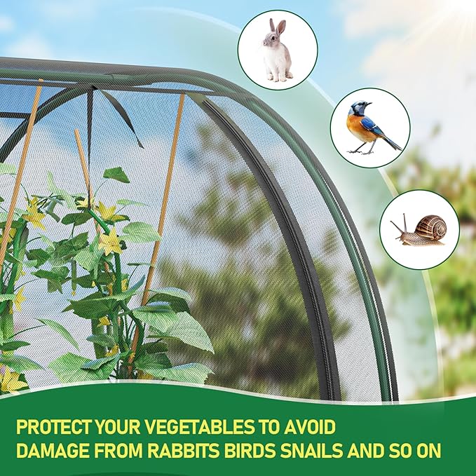 SPECILITE 98x49x49in Garden Plant Netting Mesh Cover for Raised Bed with Roll-up Zipper Door for Vegetables Fruits, Large Tunnel Gardening Net, Black