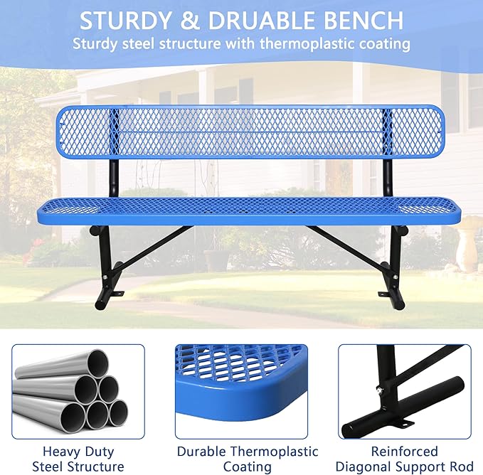 8 Ft Metal Park Bench for Outside, All-Weather Thermoplastic Coating Outdoor Bench with Backrest, Commercial Heavy Duty Benches for Shopping Malls, Stores, Parks, Patios, Decks, Blue