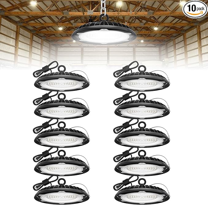 HYPERLITE High Bay LED Shop Lights: 10-Pack 150W UFO Light for Warehouse - UL-Listed Warehouse Lights for Barn Factory Supermarket Lighting