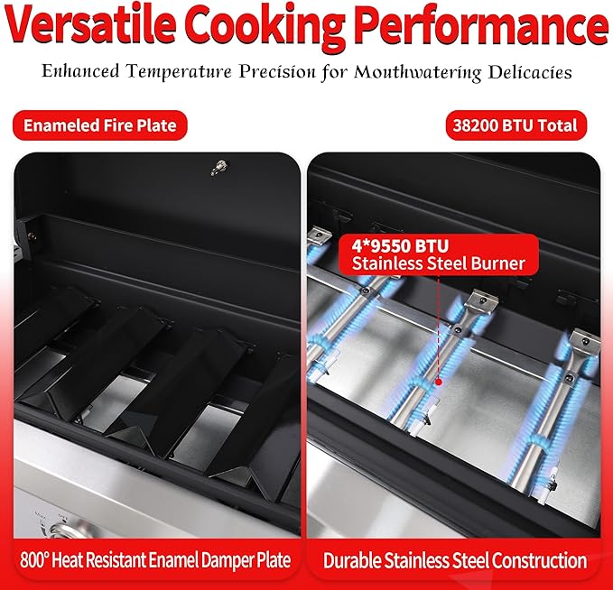 4-Burner Propane Gas Grill, 38250 BTU, BBQ Grills with Cast Iron Grates, Portable Foldable Side Shelves, Outdoor Patio Camping, Black for Outdoor Backyard Patio Barbecue