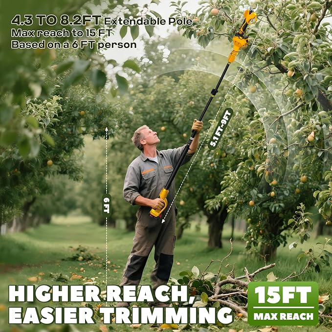 2-in-1 Cordless Electric Pruning Shears, 2.5" Cutting Diameter Electric Pruner, 15Ft Max Reach with 2x 21V 4000mAh Batteries, LCD Display, SK5 Blades for Tree Trimming, Branch Cutter (YELLOW)
