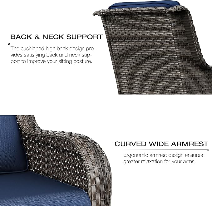 Joyside Outdoor Wicker Chair Rattan Patio Dining Chairs Set of 2 PE Wicker Patio Chairs with 4inch Seat Cushions Outdoor Patio Seating Chair for Garden, Backyard Deck(Mixed Grey/Blue)