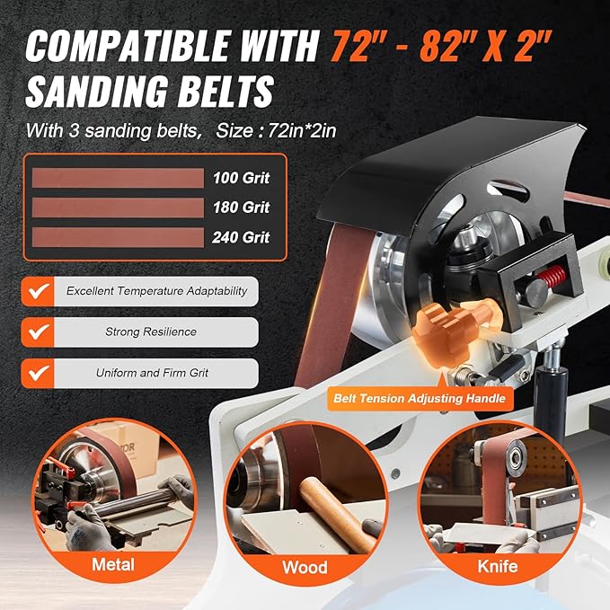 VEVOR Belt Grinder Sander, 72 x 2-Inch Variable Speed Belt Polisher with VFD, 1500W Knife Sharpener with 3 Grinding Moulds & 3PCS Sanding Belts for Metalworking, Compatible with 72"- 82 * 2" Belts