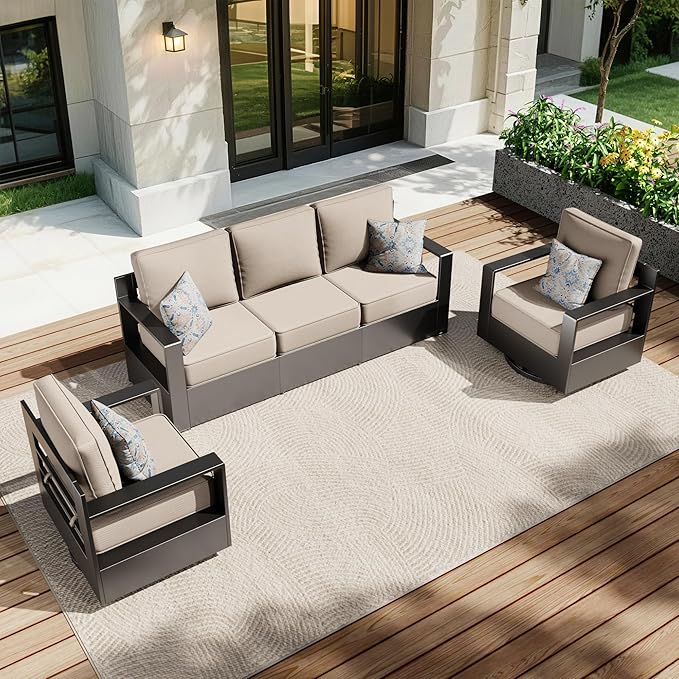 Aluminum Patio 79" Sofa Set with 2 Swivel Rocker Chairs, All Weather Outdoor Conversation Furniture with Metal Armrest & 6" Removable Cushions & Furniture Covers for Deck (Beige)