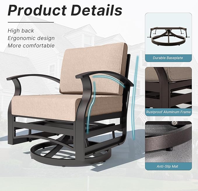 Kurapika 3 Pieces Patio Furniture Set, Outdoor Aluminum Swivel Gliders Rocker, Patio Bistro Set Rocking Chair with Tempered Glass Side Table and Thickened Cushions for Porch Garden Deck (Sand)
