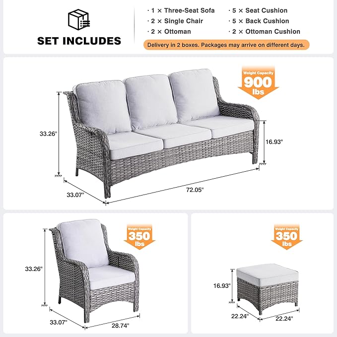 ovios 5-Pieces Patio Furniture Set, Outdoor Wicker Sofa Couch with Chairs Ottomans Comfy Cushions, All Weather High Back Modern Conversation Set, Grey Rattan, Grey