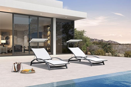 PURPLE LEAF Patio Lounge Chair with Canopy Shade Outdoor Chaise Lounge Chair Set of 2 for Lawn Poolside Backyard Sunbathing Tanning Chairs with Arm White