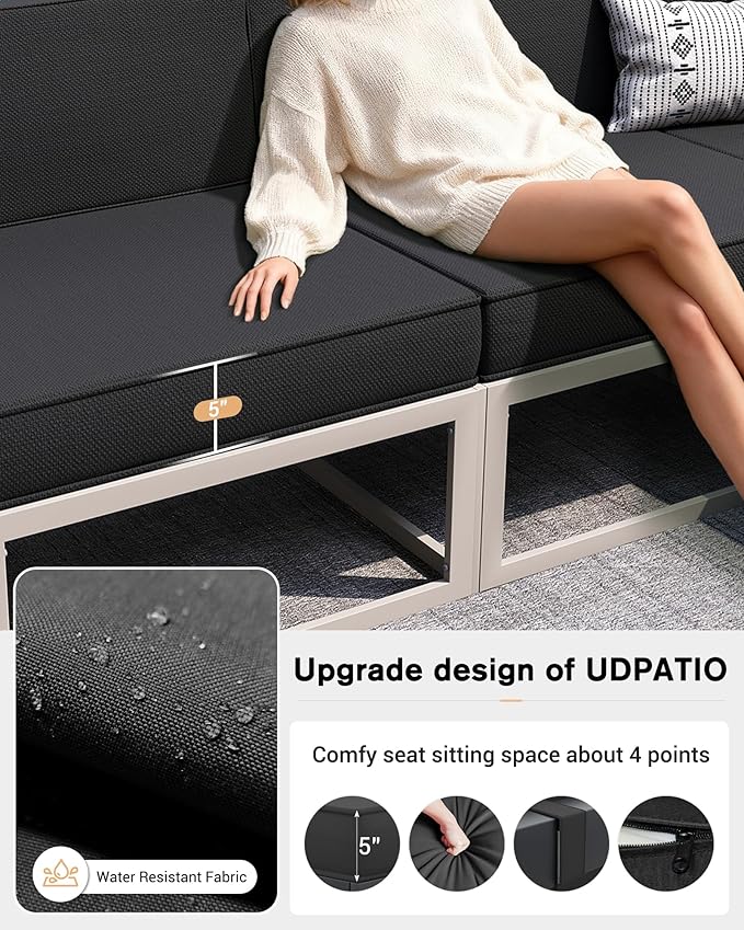 UDPATIO Aluminum Patio Furniture Set with Fire Pit Table, Modular Oversized Outdoor Sectional of Olefin 5 inch Cushion, Coffee Table and Waterproof Cover, Patio Conversation Sets for Porch, Deck