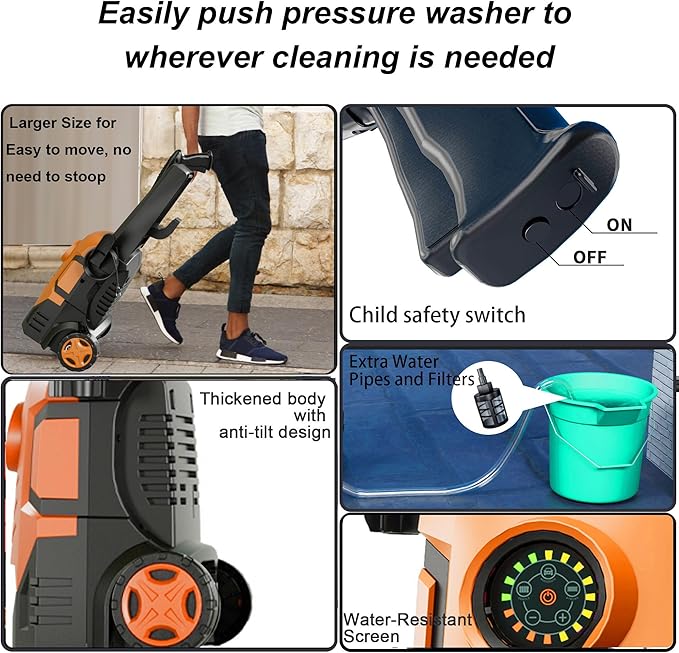 FOTING Pressure Washer with Adjustable Touch Screen 8 Level, 4 Quick Connect Nozzles,Inlet Hose&Filter&Foam Cannon for Cars/Fences/Driveways/Home Cleaning,Red