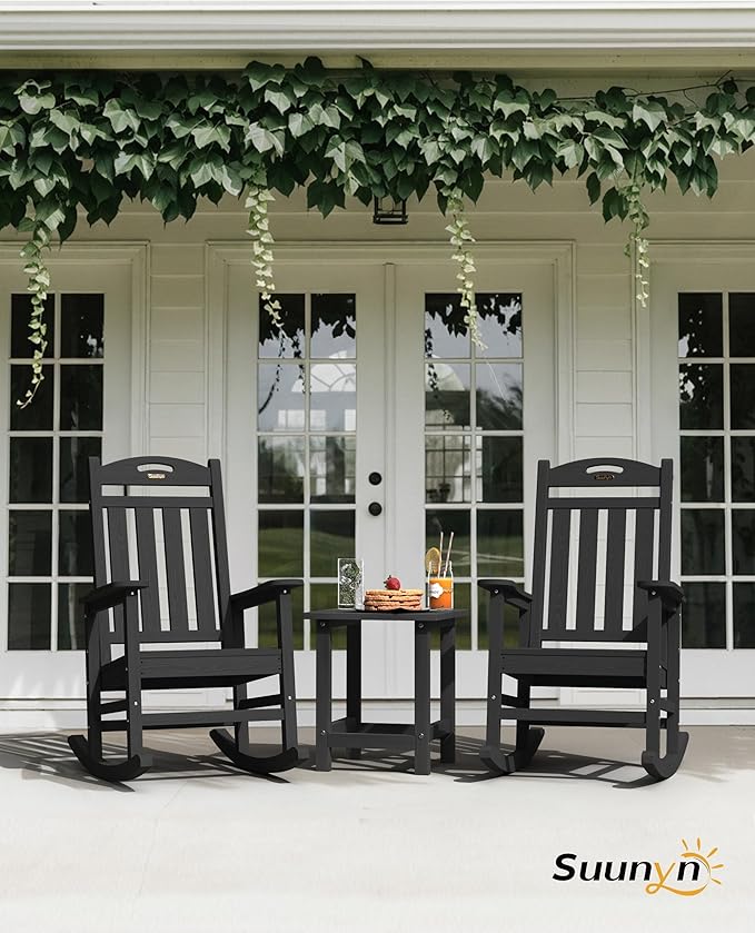 Oversized Outdoor Rocking Chair Set of 4, High Back Porch Rocker Chair, HDPE All Weather Resistant Rocking Chairs for Patio, 384lbs Weight Capacity, Black