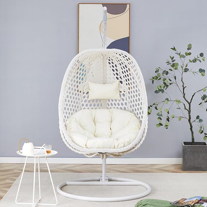 JUFU Egg Swing Chair with Stand，Patio Hanging Basket Chair Outdoor，Hammock Chair with Cushions and Pillow,Hanging Egg Chair with Aluminum Steel Frame for Indoor Bedroom Balcony