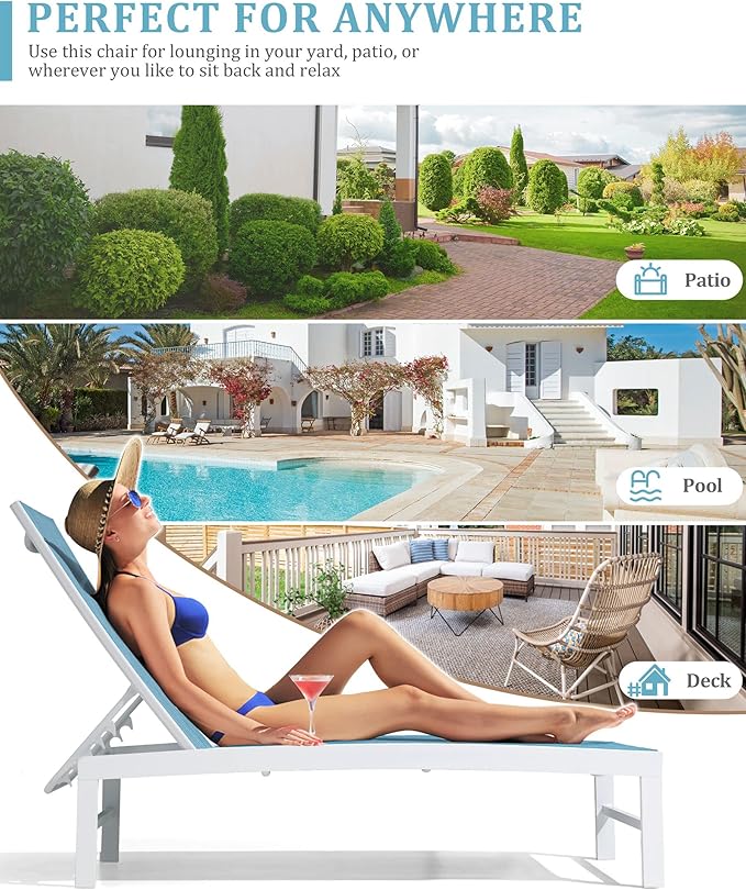 Patio Aluminum Chaise Lounge Chair, Set of 2 Outdoor Recliner Lounge Chair Sun Loungers, All Weather Chaise with 5 Adjustable Backrest and Lay Flat Positions for Garden, Balcony, Pool