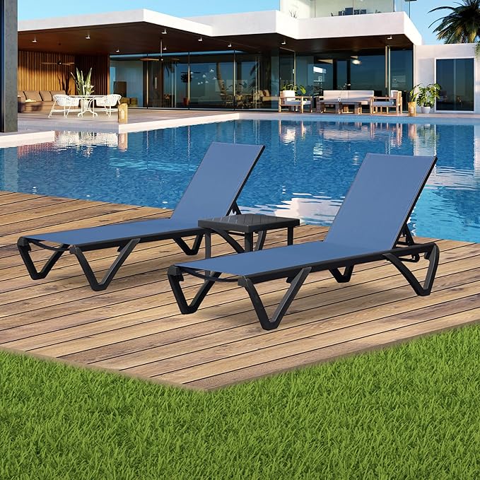 Domi Outdoor Lounge Chair, Aluminum Plastic Patio Chaise Lounge with Side Table & 5 Position Adjustable Backrest & Wheels, All Weather Pool Reclining Chair for Outside Beach Poolside Lawn, Navy Blue