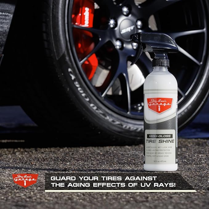 Jay Leno's Garage Tire Shine Delivers long-lasting High Gloss with a Deep Black Wet Look Glow. This Tire Dressing Spray and Car Tire Shine Work as Auto Detailing Care for Wheels and Tires – 16 oz.