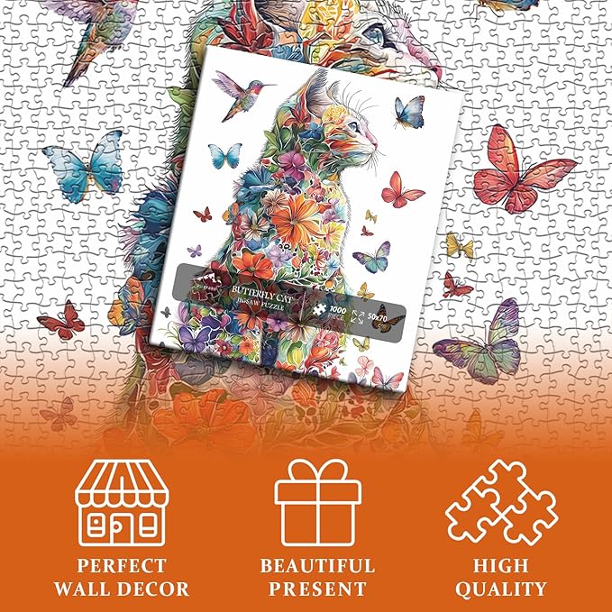 Cat Puzzles for Adults 1000 Pieces, Flower Puzzle Colorful Art Animal Kitten Hummingbird, Butterfly Garden Plant Floral Impossible Jigsaw Puzzle