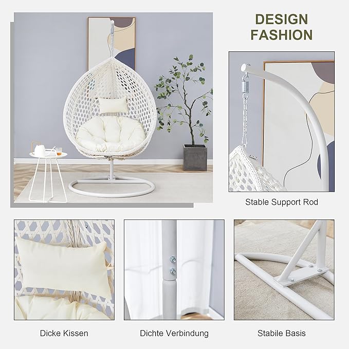 Hanging Egg Chair with Stand, Egg Swing Chair with Stand Indoor Outdoor, White Wicker Swing Egg Chair for Adults, Hammock Chair with Comfortable Cushion and Stable Round Metal Base for Bedroom Patio