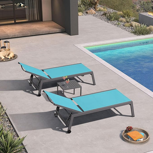 PURPLE LEAF Outdoor Chaise Lounge Set for 2 Oversized Pool Lounge Chairs with Easy-to-Move Wheels and Adjustable Backrest Extra Large Patio Loungers for Poolside Deck Beach Yard Table Included, Blue
