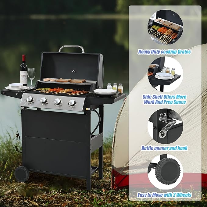 Propane Gas Grill 4 Burner Barbecue Grill, Stainless Steel 34,000 BTU Patio Garden Barbecue Grill with Two Shelves, Lid, Wheels and Bottle Opener