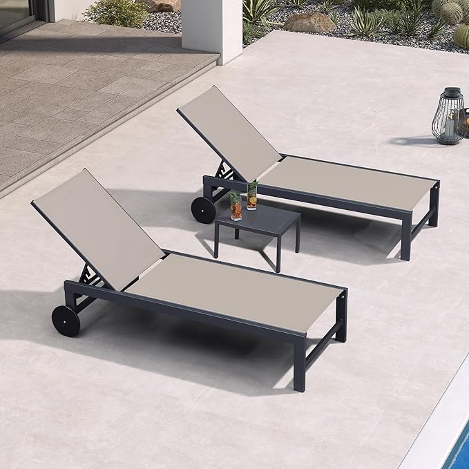 PURPLE LEAF 3 Pieces Outdoor Chaise Lounge with Wheels for Outside Aluminum Patio Lounge Chair with 5 Adjustable Position Recliner for Patio Yard Pool Side Table Included Taupe