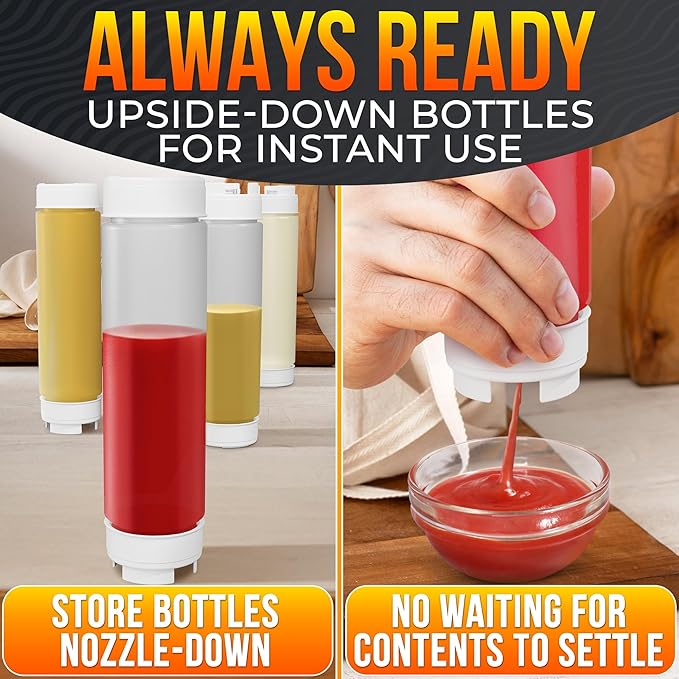 Set of 6 Condiment Squeeze Bottles for Sauces 16 oz – Easy-to-Fill Clear Bottles with Self-Closing Valve | Ready for Dressings, Ketchup, Mustard, Honey Jars & More, Durable, Reusable, Mess-Free Design