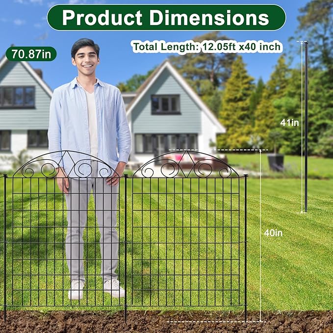 SUNLAX 5 Panels Garden Fence 12ft(L) x 40in(H) Metal Fence Panels Dog Fence Animal Barrier Fence No Dig for Backyard Outside Yard Patio Without Gate