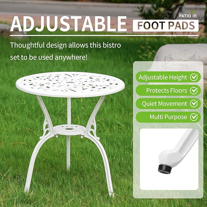 3 Piece Patio Bistro Set Cast Aluminum Bistro Table Set,All Weather Outdoor Dining Set with Umbrella Hole for Porch, Lawn, Garden, Backyard, Pool (White)